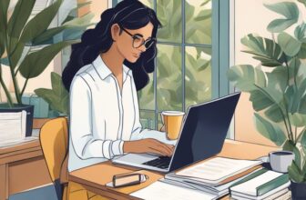 A woman working at a desk with a laptop, phone, and planner. She is surrounded by books and papers, with a cup of coffee nearby. The room is filled with natural light and plants